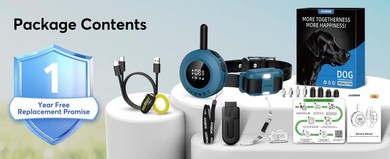 Jugbow Dog Training Collar - 3/4 Mile Dog Shock Collar with Remote for Large Medium Small Dogs, Rechargeable IPX8 Waterproof E-Collar with 99 Blunt Stimulation Levels, Tone or Vibration Mode, LED Light & Security Lock T-100
