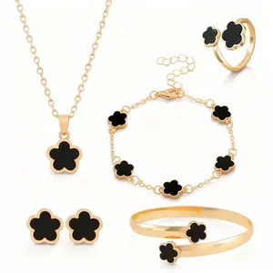 Lucky Flower Design Fashion Jewelry Set for Women - 6Pcs Gold Plated Necklace Earrings Bracelet Bangle Ring, Elegant Vintage Floral Trendy All-match Matching & Exquisite Jewelry Accessories Gift for Birthday Valentine's Day Women & Girls Party Daily Decor