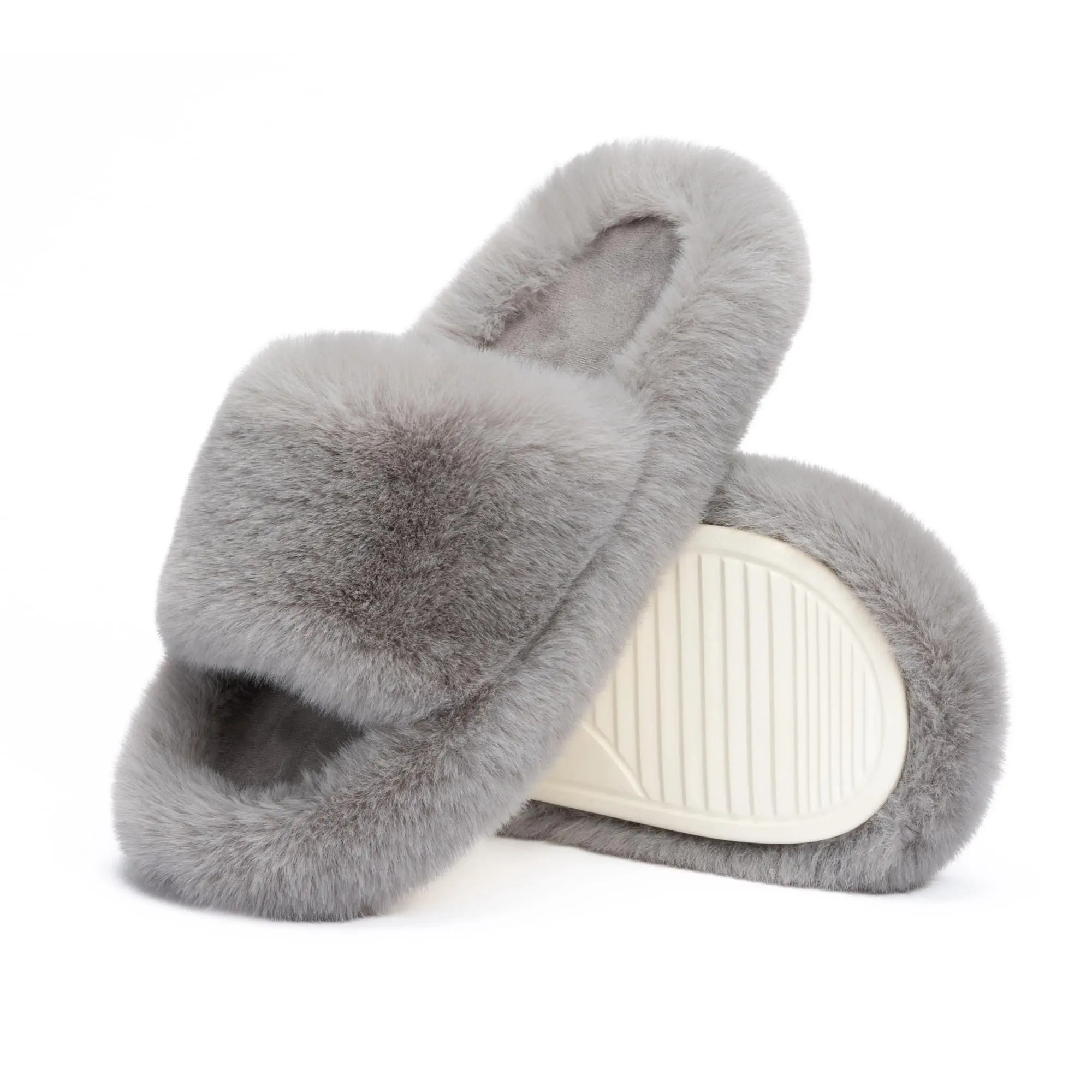 Chantomoo Fluffy Furry Slippers for Women Memory Foam Open Toe Faux Fur House Shoes Cozy Indoor Gift