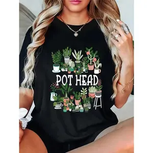 Cotton Plant Lover and Gardener Pot Head Succulent Short Sleeve T Shirt with Breathable Fabric