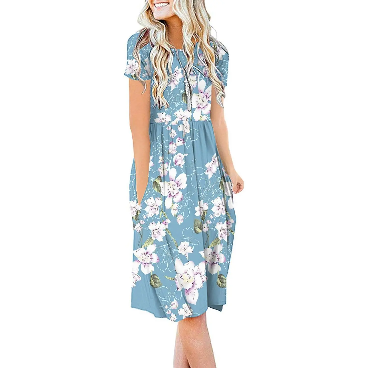 Women Summer Casual Short Sleeve Dresses Empire Waist Dress | Knee Length Dress for Women, Teacher Dresses, Jersey Dress, Modest Dresses, Dress with Pockets, Dresses for Church