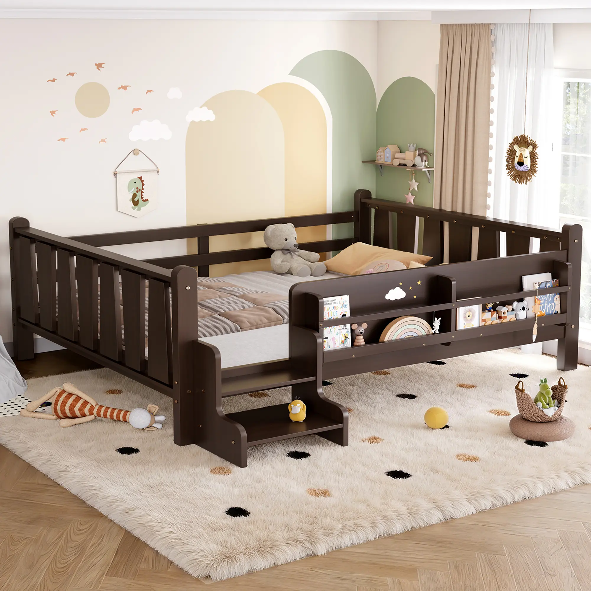 Eyisean Full Size Montessori Wooden Floor Bed, Low-Profile Space-Saving Daybed with Storage Bookcases, Stairs & Guardrails, Durable Safety Platform Bed for Bedroom, No Box Spring Needed, 550 lbs Weight Capacity, Montessori Bed