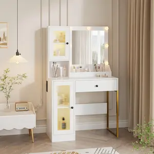 Garvee Makeup Vanity Desk with LED Lights and Mirror, 3 Color Modes Bulbs, Dressing Table with Large Drawers & USB Charging Station for Bedroom Decor, White