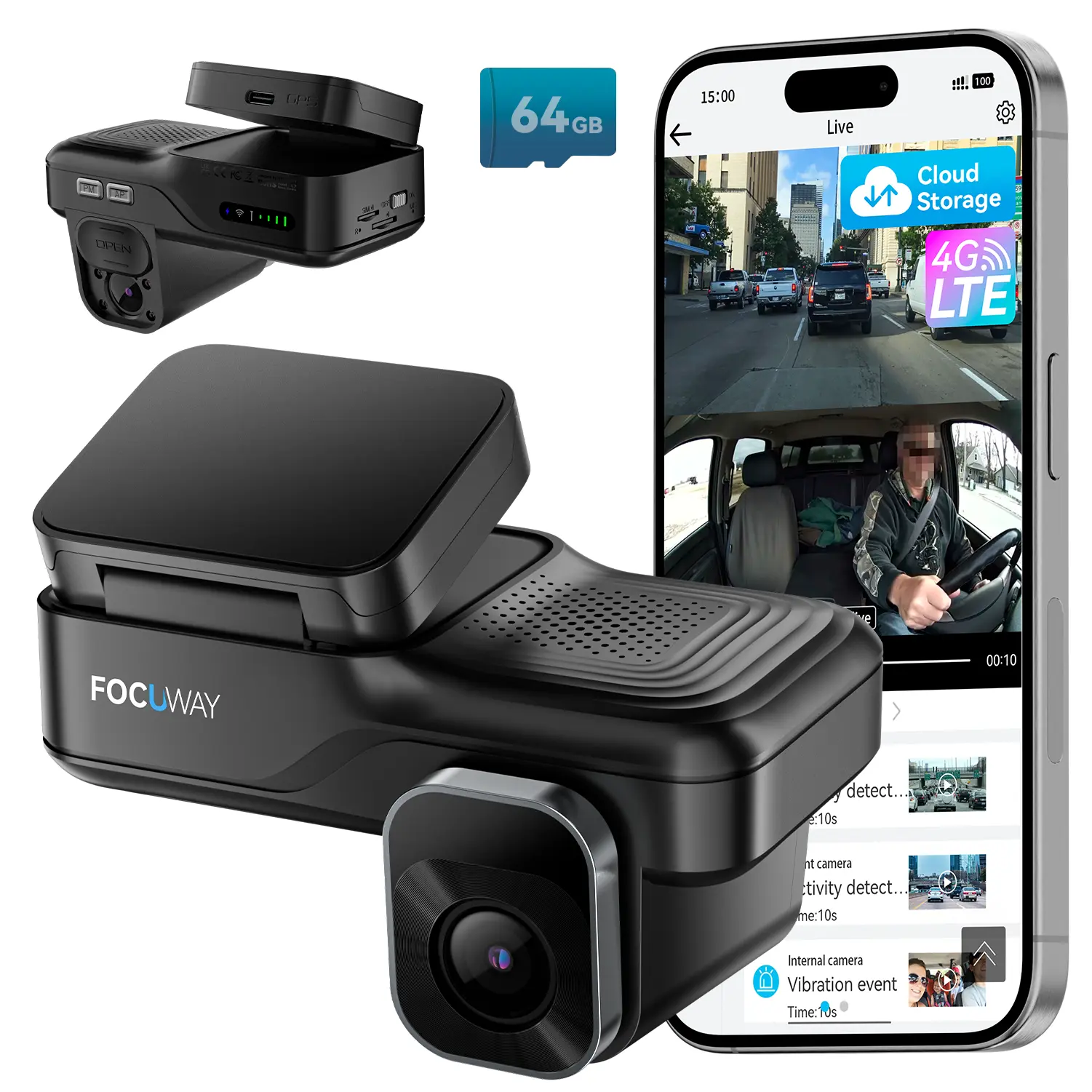 【BackToSchool】FocuWay L7 Dash Cam Front Inside, 4G LTE Security Cam for Car, Remote Live-View, Instant Alert via App, Cloud, IR Night Vision, No Screen, Dual FHD Dash Camera, 24/7 Parking Mode, GPS, OBD Cable Includes Wifi Dashcam