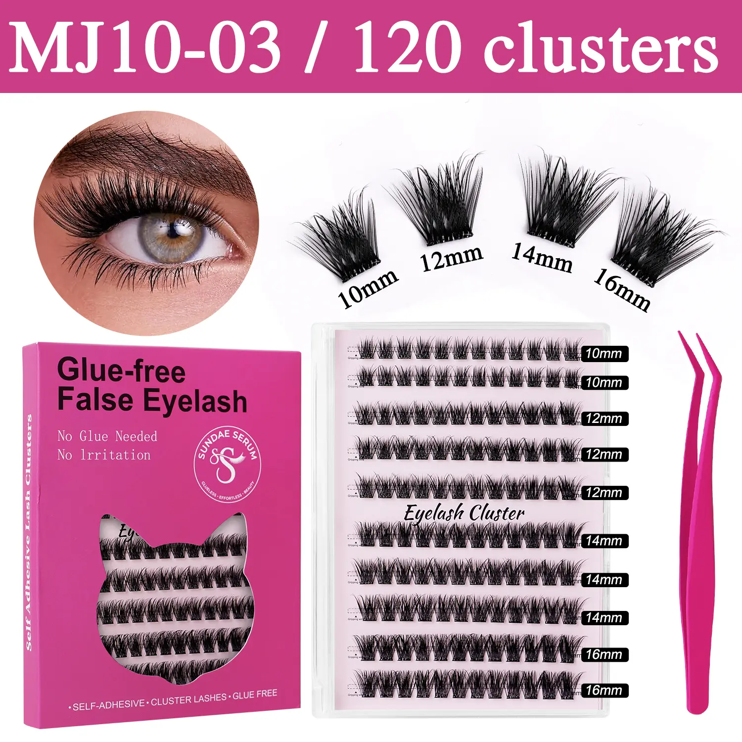 Self-Adhesive Cluster Lashes Kit, 120 Pcs Press-On DIY Eyelash Extensions, C Curl with 10-16mm Mixed Sizes for a Natural Wispy Look, Sensitive-Safe Cosmetic for Wedding Makeup, Lash Cluster, Nature, False Eyelashes & Adhesives