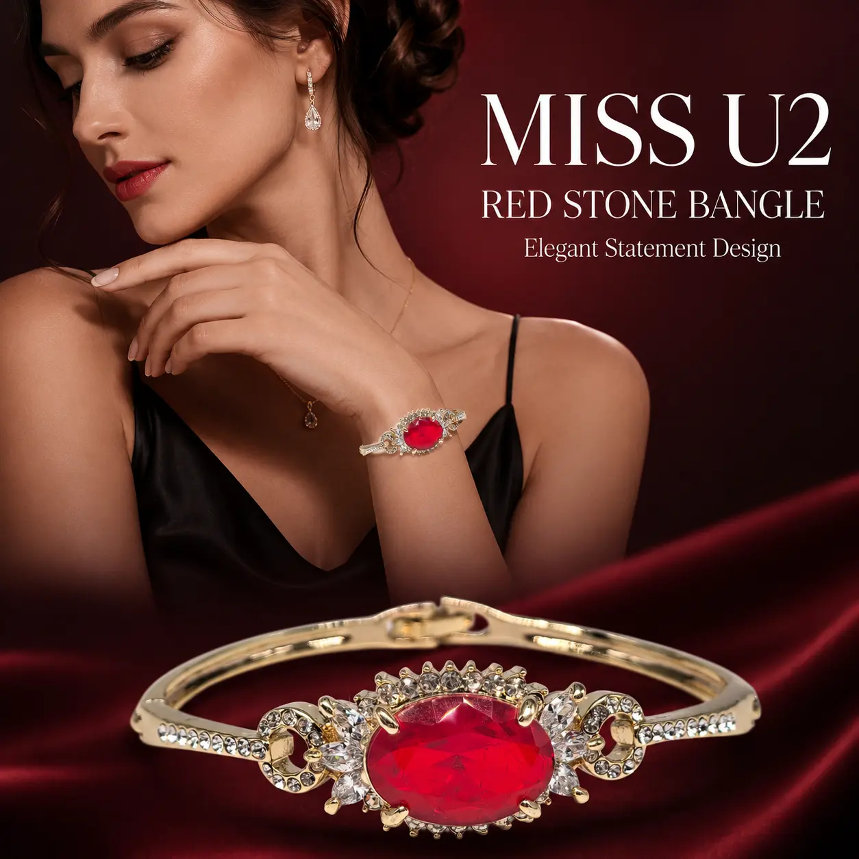 Oval Red Man Made Crystal Gold Tone Halo Cuff Bangle Surrounded Clear Rhinestone Elegant Women Statement Bracelet Wedding Evening Formal Costume Jewelry Gift For Her