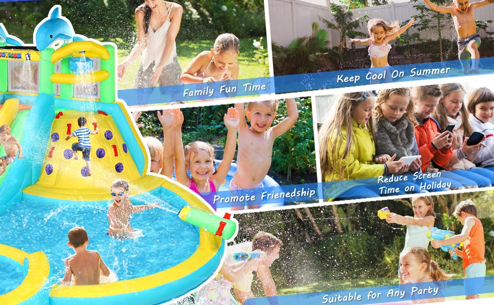 JOYMOR Inflatable Water Slide Bounce House w/Water Bucket, Climbing Wall, Pool, Rainbow Sprinklers, 1min Blow Up Water Slide 10-in-1 for Kids w/Strong Blower, Carrying Bag