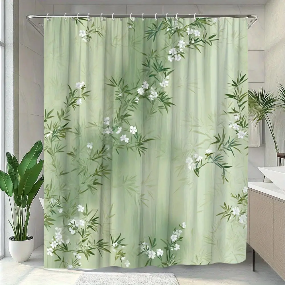 1pc Elegant Garden Floral Modern Shower Curtain - Pale Green Plant Bathroom Curtain with White Flowers, High-Quality, Includes Hooks for Easy Hanging, Modern Bathroom Decoration for Home Spa Setting, Modern Shower Curtains