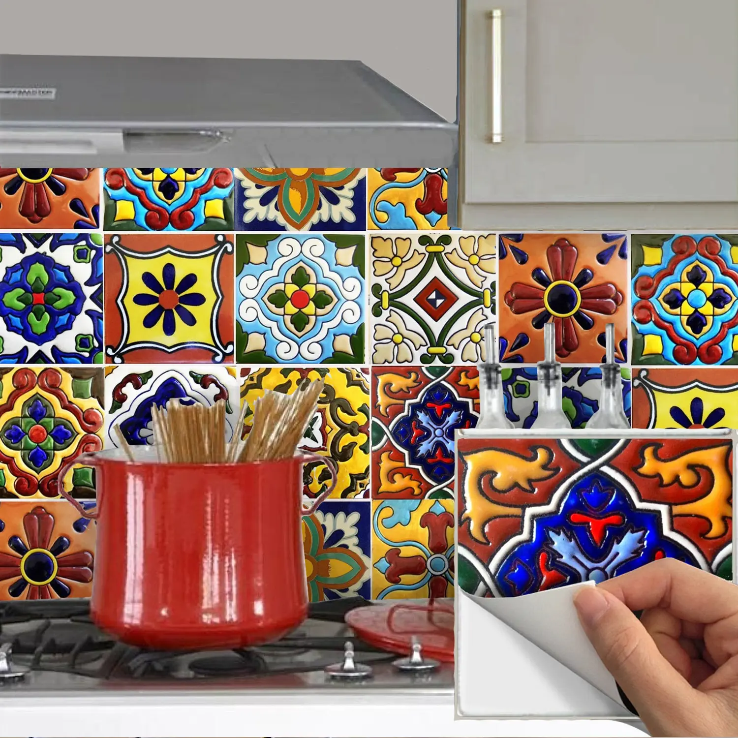 24pcs Kitchen bathroom Tile Decals Vinyl Sticker Mexican Spanish Mix Decals stickers Back splash stickers mixed for walls Kitchen bathroom Stair decals DIY wall stickers stickers mixed for walls Kitchen bathroom Stair decals Peel and Stick 4x4inch
