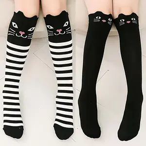 2 Pairs Girls Cute Kitten Striped Knee Socks, Girls Soft And Comfortable Over The Knee Calf Socks Casual Daily Life