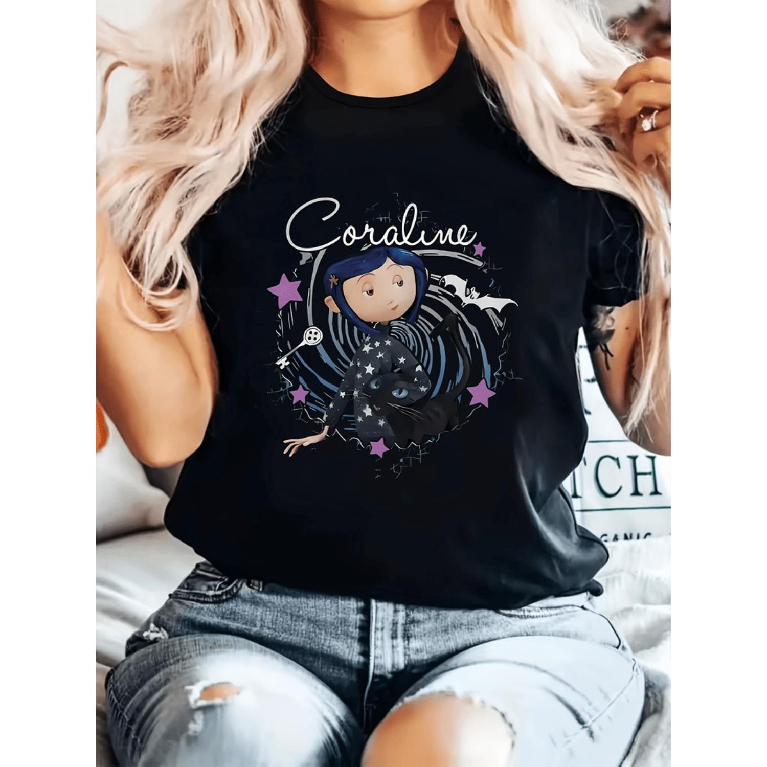 Coraline Inspired Cartoon Print T-Shirt - Crew Neck, Polyester Knit Fabric, Regular Length - Black Cat and Bats Design for All Season Wear