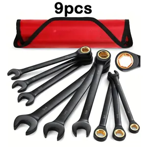 9pcs Ratcheting Combination Wrench Set,  SAE 5/16-3/4 inch, 72-Teeth, Cr-V Constructed, Black Electrophoretic Coating with Rolling Pouch，mechanic tools，tools and gadgets for him