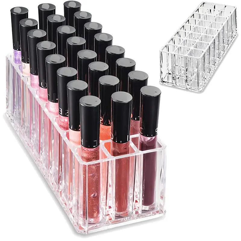 24-Slot Clear Acrylic Lipstick Organizer | Makeup Vanity Display Stand for Lip Gloss & Brushes | Cosmetic Storage Holder