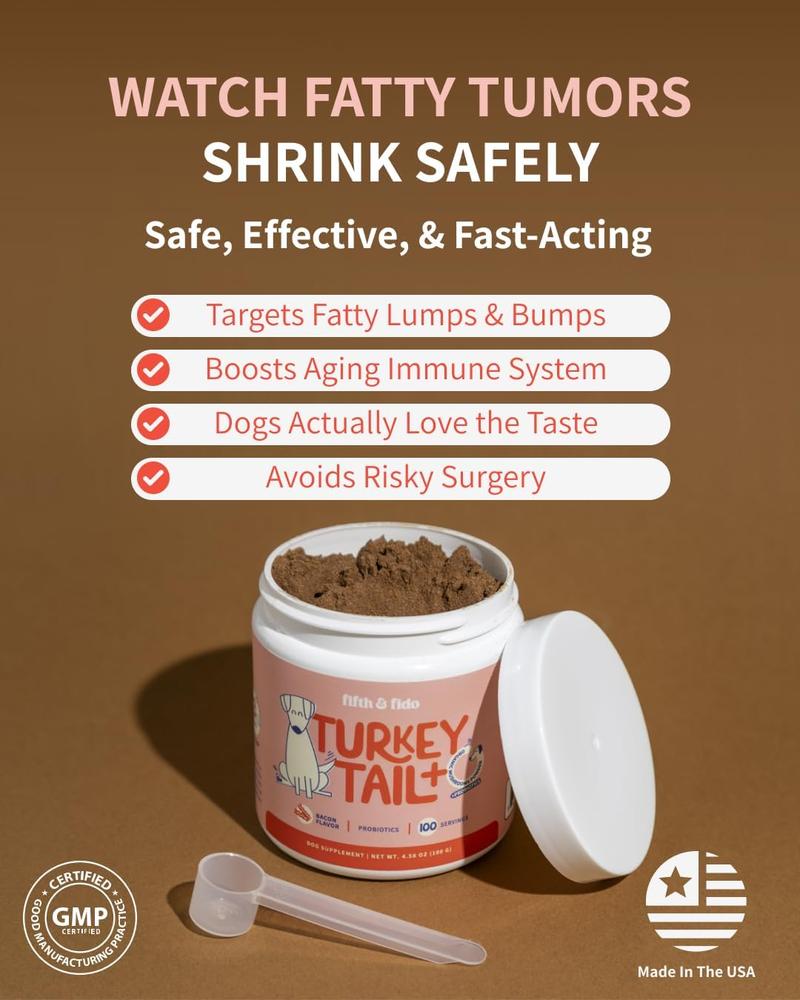 Fifth & Fido Turkey Tail+ - Dog Food Topper with Probiotics for Lipomas, Immune Support & Gut Health - 100 Servings - Bacon Flavor - Natural Allergy Relief - Supplements