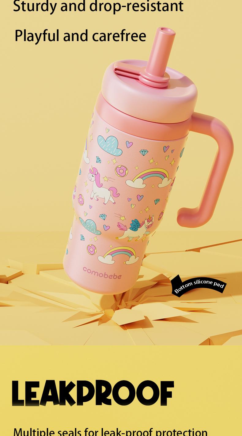 【COMOBEBE】24oz Stainless Steel Whale Fountain Tumbler – Adorable Pattern Designs, Spill-Proof, Dual Lids, Dishwasher Safe, Perfect for Kids & Adults