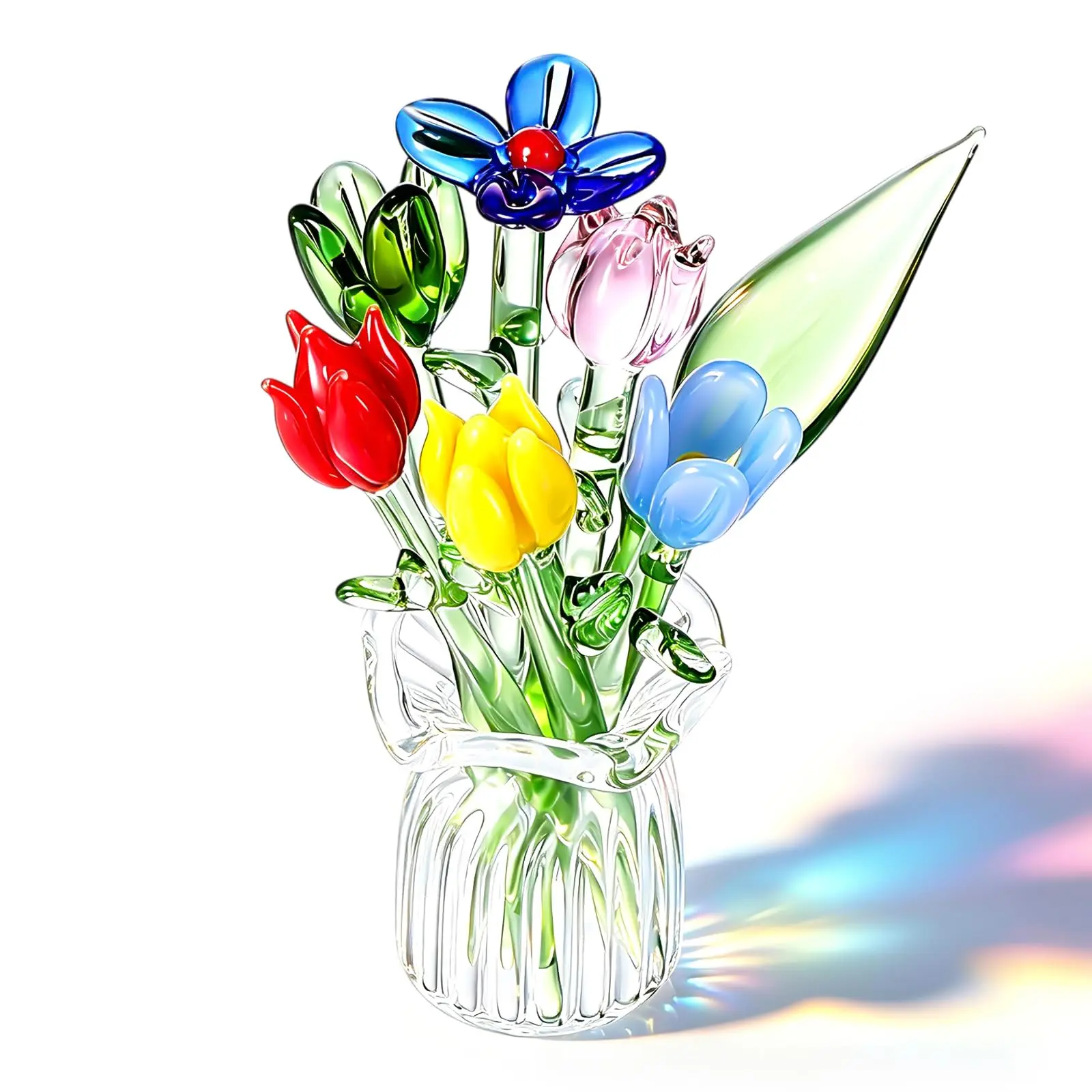 Mini Handmade Glass Flower Bouquet with Clear Vase Colorful Assorted Tiny Glass Flower Ornaments Miniature Desk Windowsill Decor Unique Birthday Anniversary Gift