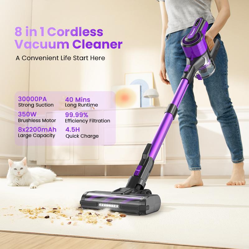 V870 Cordless Vacuum Cleaner, 30Kpa 350W Powerful Suction, 8-in-1 Self-Standing Rechargeable Vacuum with Flexible Hose, Up to 40mins Runtime for Hard floor Low Pile Carpet