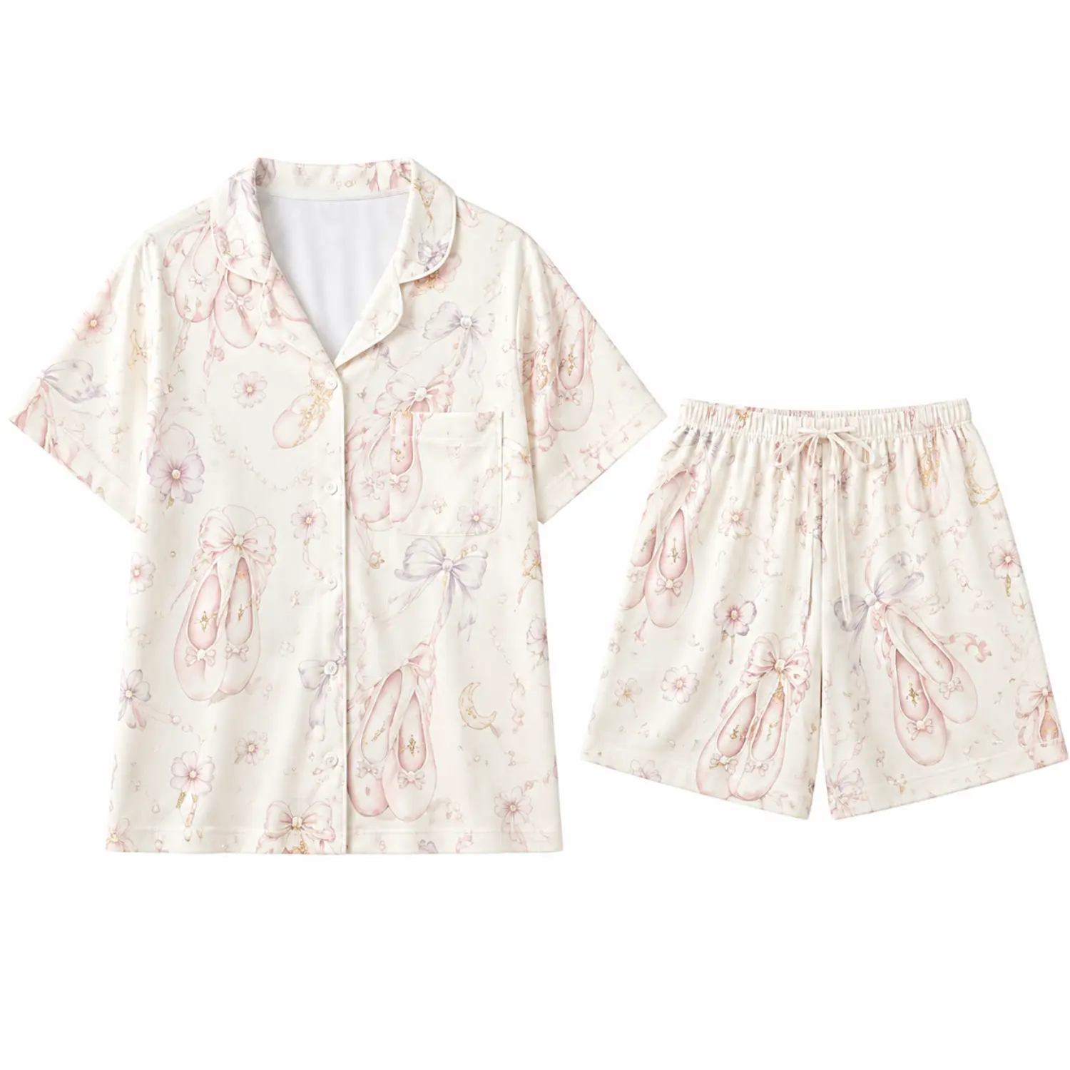 Floral Ballet Slipper Print Pajama Set for Women, Short-Sleeve Button-Front Top and Elastic-Waist Shorts, Comfortable Sleepwear and Loungewear
