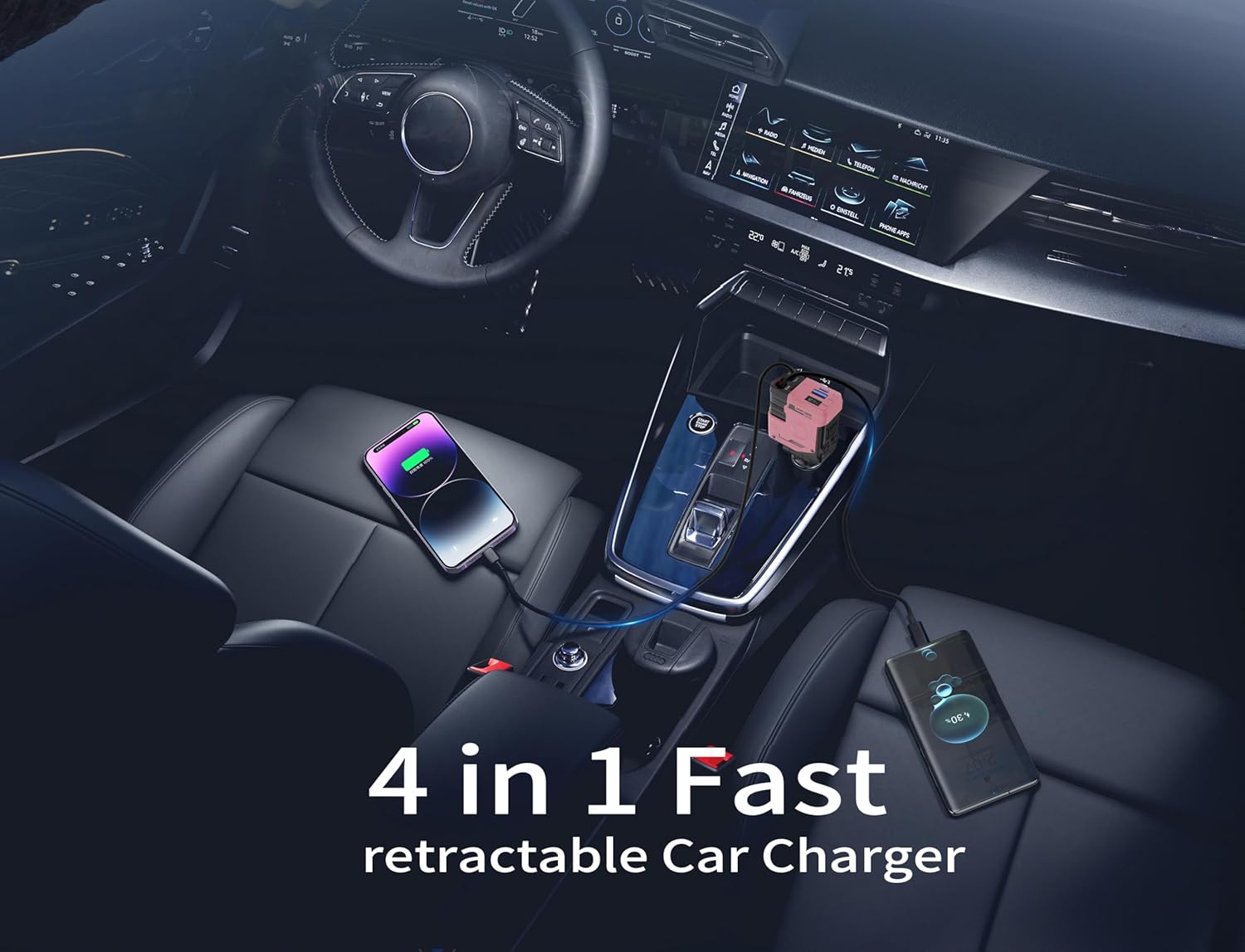 【New Airfreshener Starlight In Car Roof】5 in 1 Car Charger, Car Air Freshener with High Speed USB C Adapter with Lightning Cable & Charge Port for iPhone & Android Phone, Retractable Car Charger, Comes with 3 Bottles of Fragrance, Car Accessories