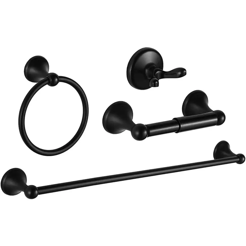 4 Piece Bathroom Accessory t(Adjustable Towel Bar, Towel Ring, Toilet Paper Holder,Towel H), Wall Mounted Bathroom Hardware Accessories t,Matte Black