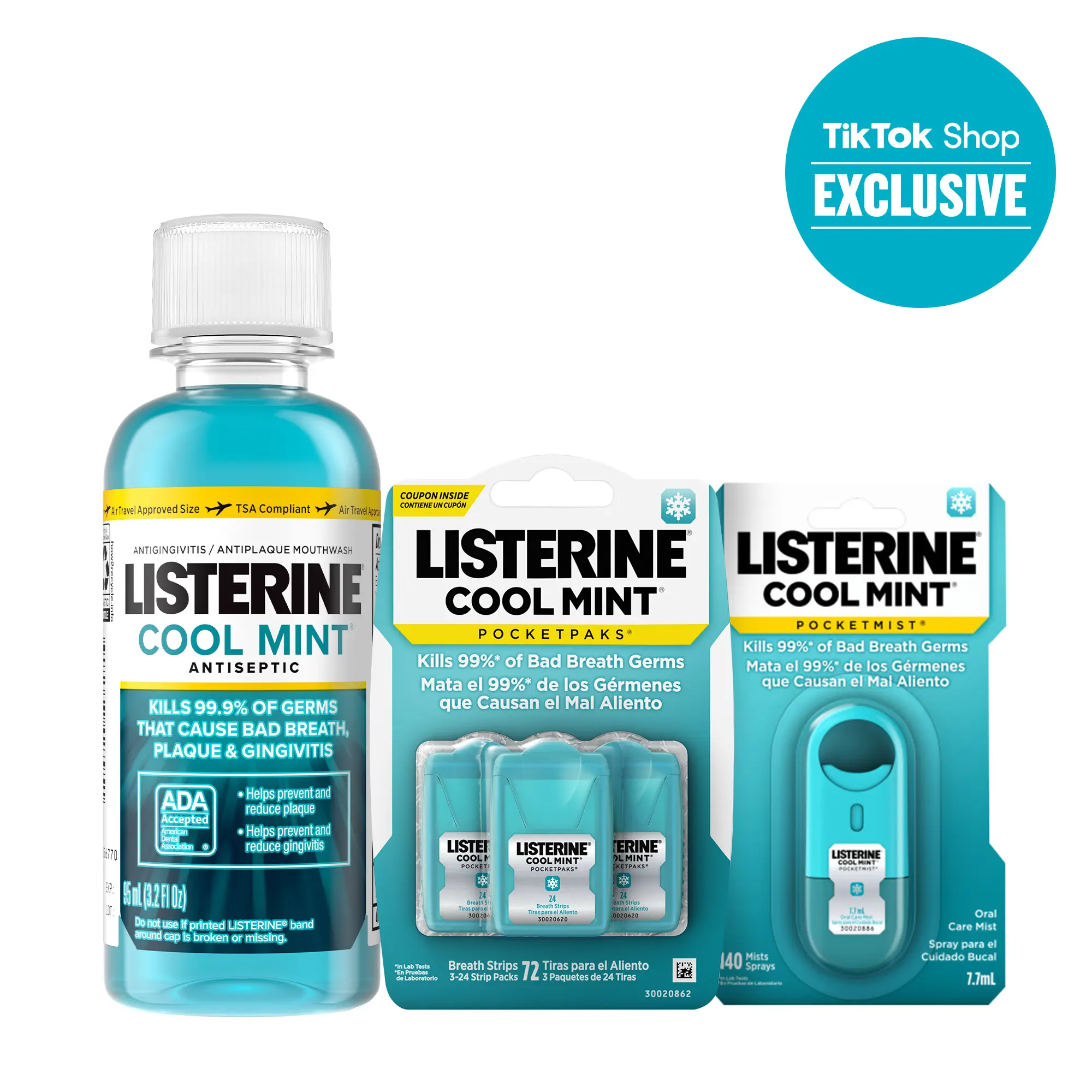 Listerine Travel-Size TikTok Shop Trio, Cool Mint Mouthwash 3.2 fl oz, Pocketmist and PocketPaks Fresh Breath Strips (Alcohol-Free Flavor Available)