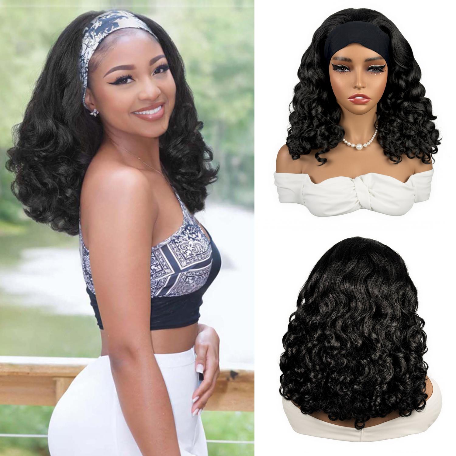 Yaki Curly Headband Wigs for Black Women - Kinky Straight Black Headband Curly Ends Synthetic Wear and Go Glueless Half Wig with Headbands Attached