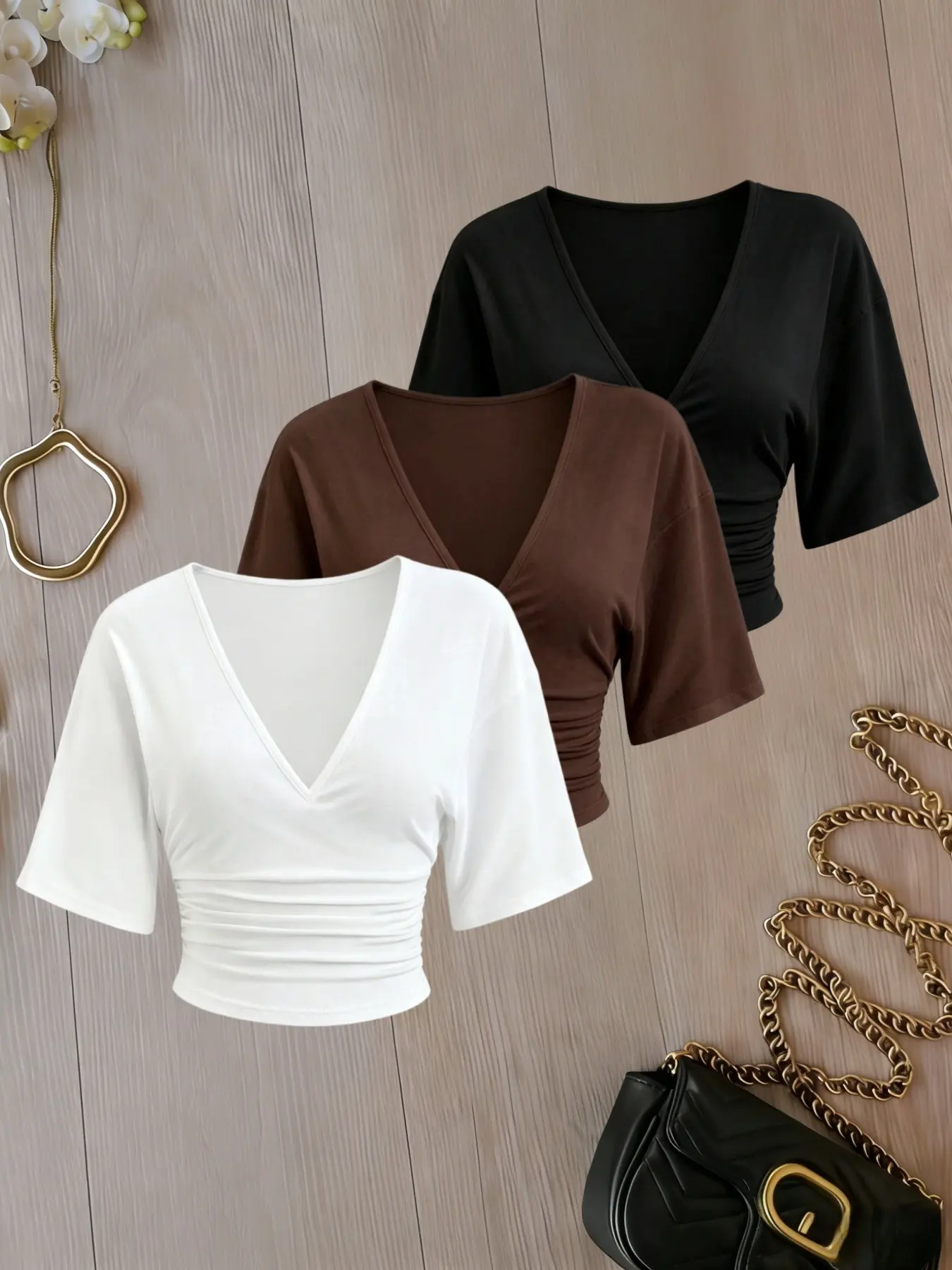 3 Pack Solid Color Ruched Crop Top for Women, Deep V Neck, Three-Quarter Sleeves, Slim Fit, Casual Chic Basic Minimalist T-Shirt
