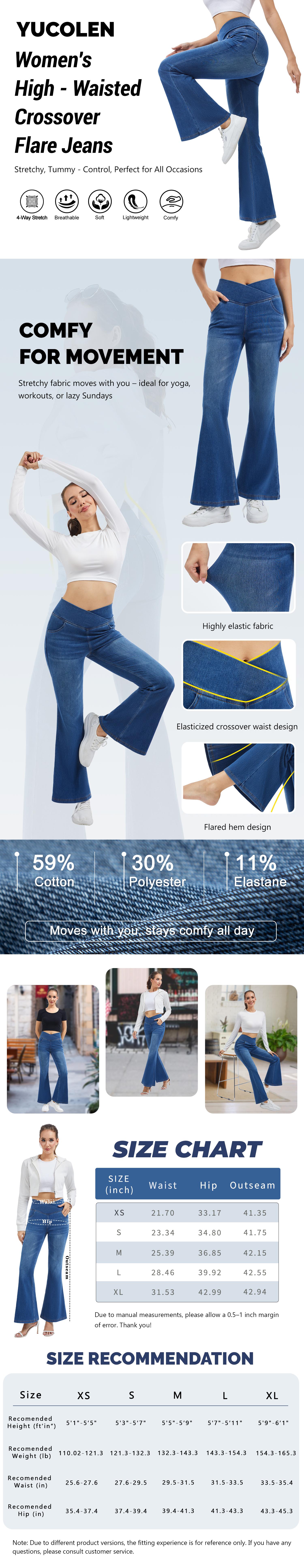 YUCOLEN Shop Women's High Waisted Crossover Flare Pants - Regular Length Stretchy Knit Jeans Tummy Control & Hip Lifting 4 Pockets Pull On Casual Bell Bottom Jeggings FallFreshness Outdoorfun