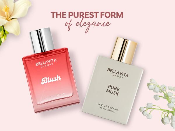 BellaVita Luxury Blush and Pure Musk Perfume Combo for Women Eau De Parfum Gift Set Long Lasting Woody Musky and Floral Fragrances 2 x 100ml Premium Elegant and Luxurious Perfume Duo
