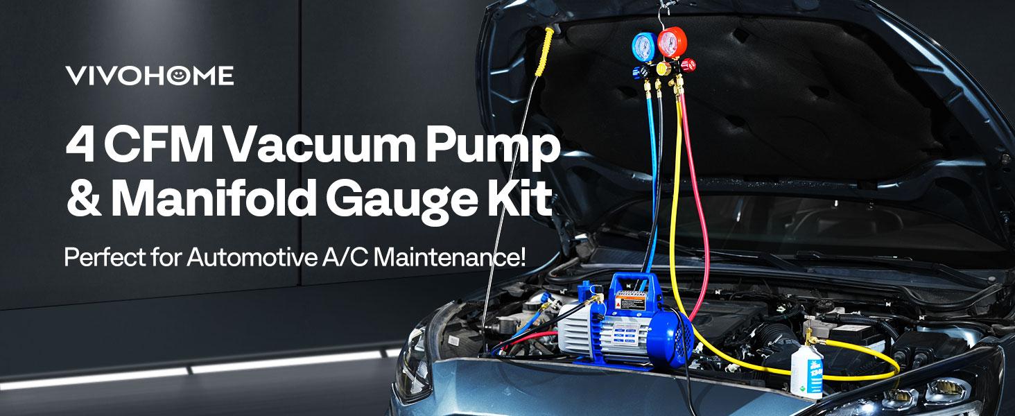 VIVOHOME Upgraded 4CFM 1/3 HP 1-Stage HVAC Vacuum Pump and 4 Way AC Manifold Gauge Set with Leak Detector, 5ft Hoses & Accessories for R134a R12 R22 R502 R410a Automotive Air Conditioner Maintenance