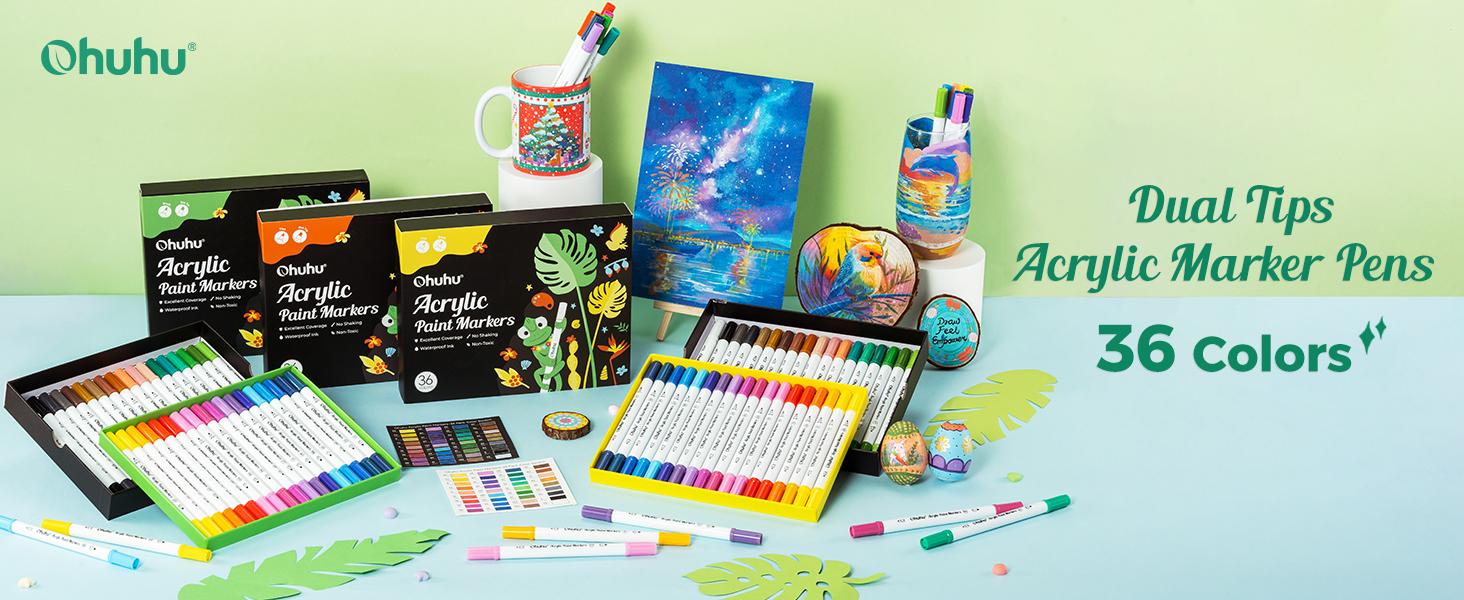 Ohuhu Acrylic Paint Markers Dual Tips: Brush & Fine - 36 Colors / 72 Colors - Paint Pens High Opacity Acrylic Markers Waterproof Lightfast for Christmas Gifts Rock Painting 3D Prints Egg Wood Glass Ceramic DIY Crafts - Akaka Series of Ohuhuart