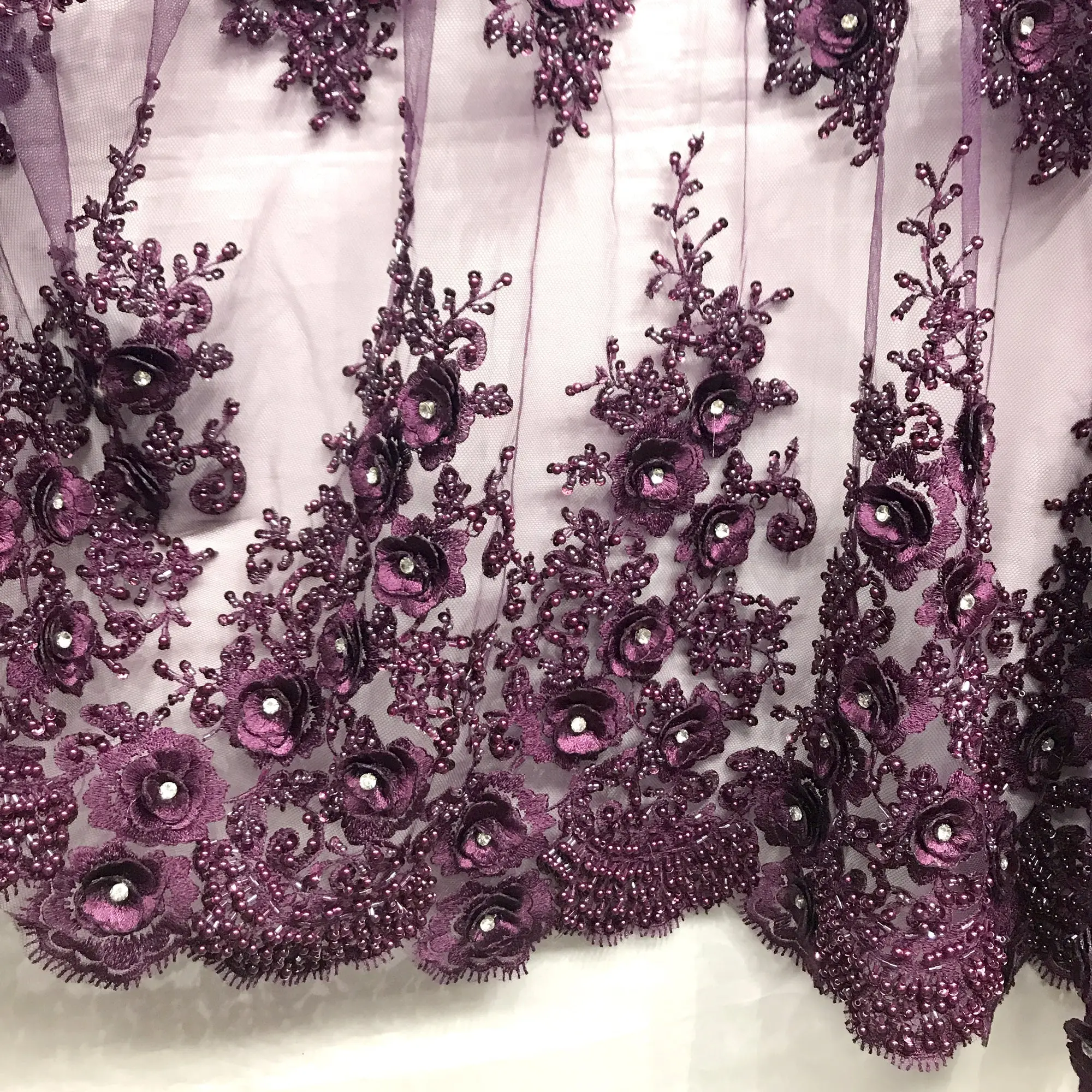 54" Wide Beaded 3D Floral Lace Fabric - Polyester Mesh with Pearls, Sequins, Rhinestone Center, Allover Scalloped Edging, Sparkle for Bridal Gowns, Dance Costumes & Proms