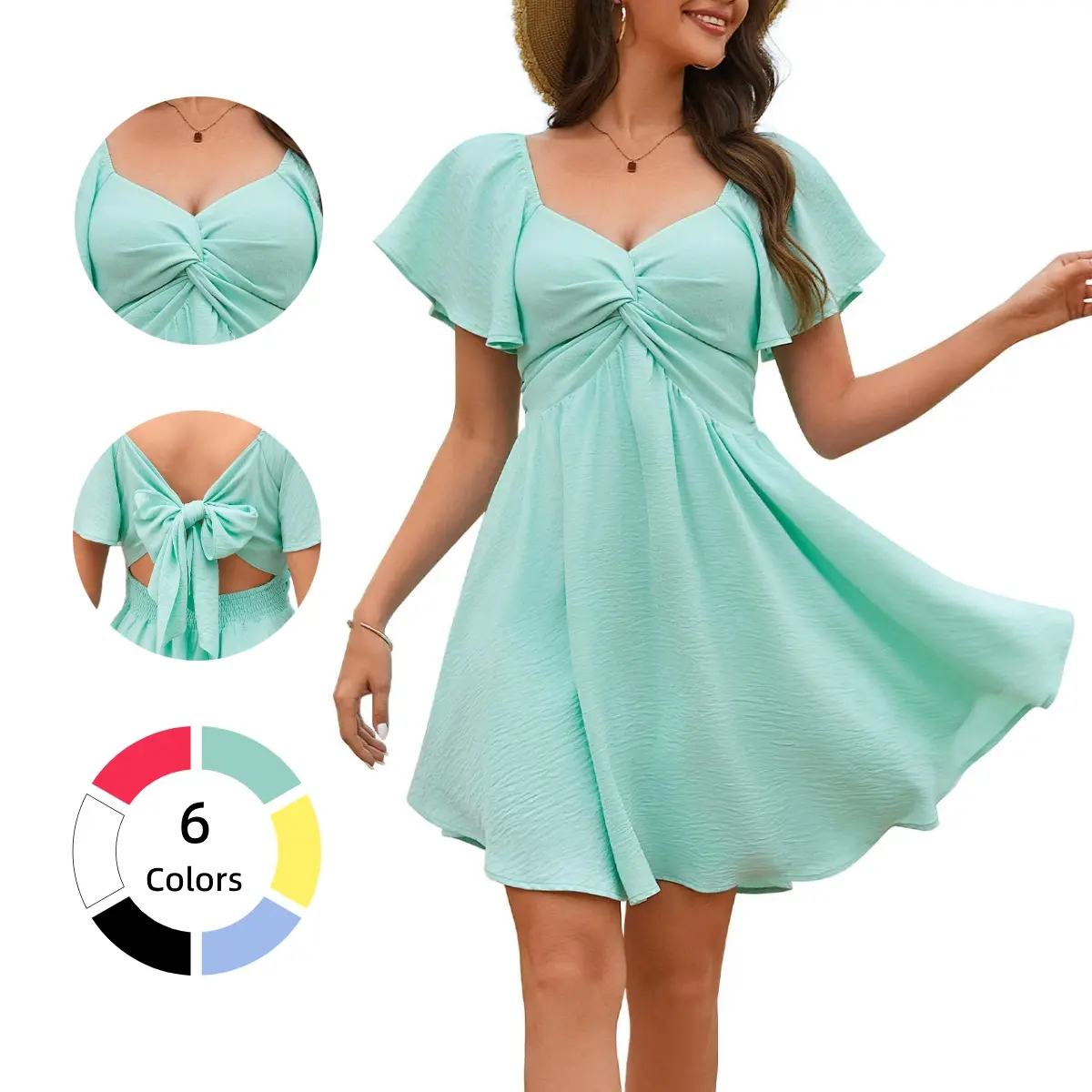 Chicovar Women's Summer Sweetheart NecklineKnot Front Flowy Mini Chiffon Dresses , Flutter Sleeve, Tie-Back, A-Line Cut, No Scratchy, No Sheer, Wedding Guest,Bridal Shower, Church, Party, Casual, or Daily Wear, Summervibes