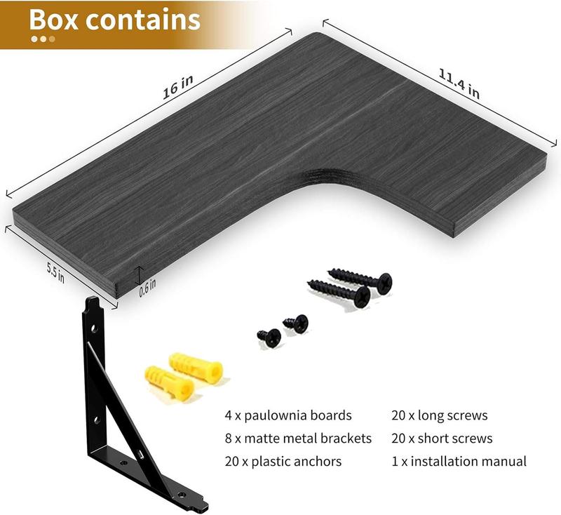 Corner Floating Shelves Wall Mounted Set of 4, Rustic  Storage Display Wall Shelves for  Decor, Bathroom, Kitchen, Bedroom, Living Room, Office (Black)