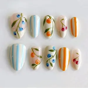 M20 Berry Garden Press-On Nails, Soft Cream Base with Blueberry, Cherry and Orange Fruit Art, Pastel Stripe Accents, Cute Fresh Summer Aesthetic Handmade Nail Set, Luxury Nail Set, Gift for Her