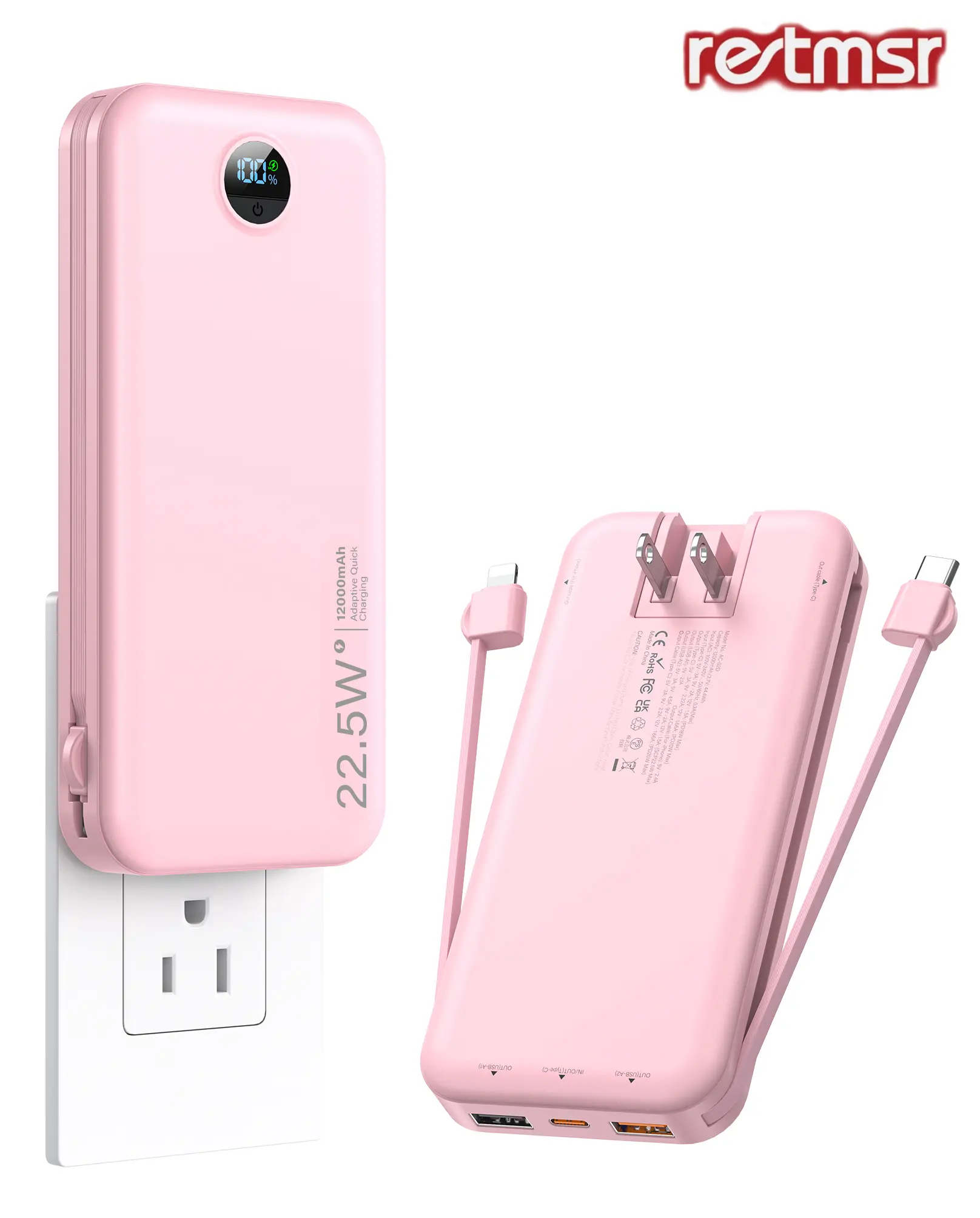RETMSR Compact 12000mAh (10001-20000mAh Range) Mobile Power Bank, Portable iPhone Charger with Built-in USB-C Cable, USB-A Port, AC Wall Plug, 22.5W Super Fast Charging, LED Display, Device Protection Accessories for Smartphones & Digital Devices