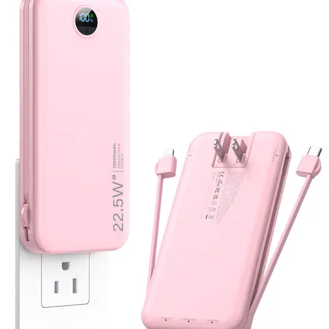 RETMSR Portable Mobile Charger, 12000mAh Compact Digital Handheld Power Bank with LED Display, 22.5W Superfast Charging, Ultra-Slim Profile, Built-in Type-C Cable, 4 Ports (USB-A, AC Wall Plug), Device Protection, Charge-While-Recharging for Smartphones