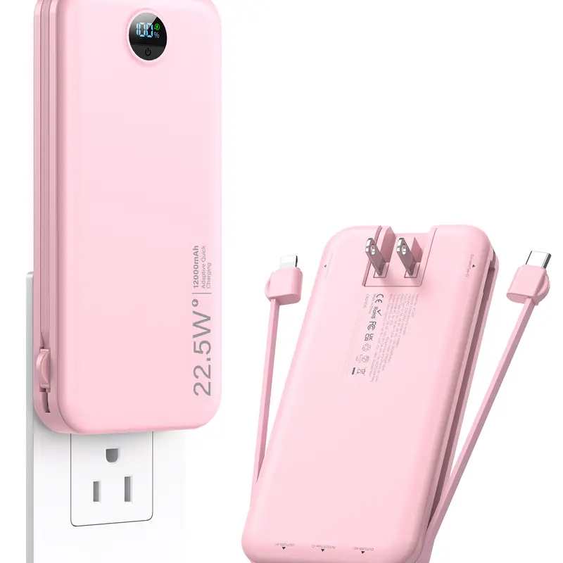 RETMSR Portable Mobile Charger, 12000mAh Compact Digital Handheld Power Bank with LED Display, 22.5W Superfast Charging, Ultra-Slim Profile, Built-in Type-C Cable, 4 Ports (USB-A, AC Wall Plug), Device Protection, Charge-While-Recharging for Smartphones
