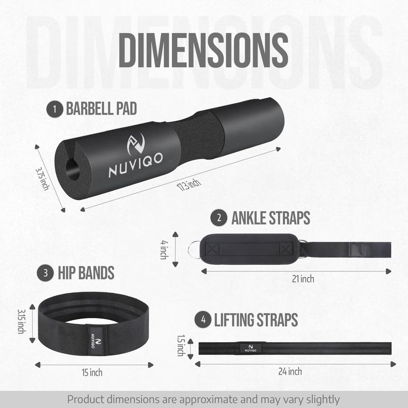 9 Pcs Gym Accessories Set Featuring Barbell Pad with 2 Safety Straps - 2 Ankle Straps for Cable Machine - 2 Weight Lifting Straps - Hip Resistance Band - Carry Bag for Hip Thrust Pad