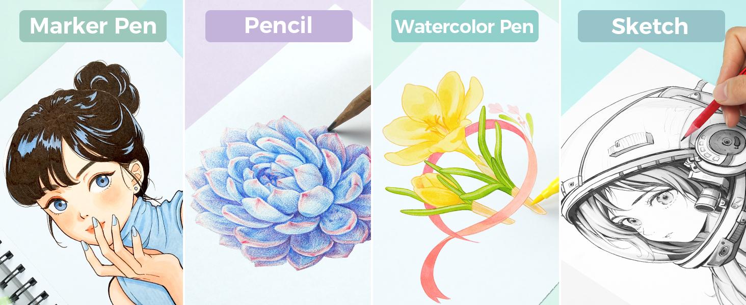 Ohuhu Sketchbook: 8.9"x8.3"/7"x10" Paper Size - 90LB/150GSM - Double-Sided Marker Pads Art Sketchbook - Smooth Drawing Paper - 60 Sheets/120 Pages - Bleedproof - Spiral Bound Sketching Book for Alcohol Markers