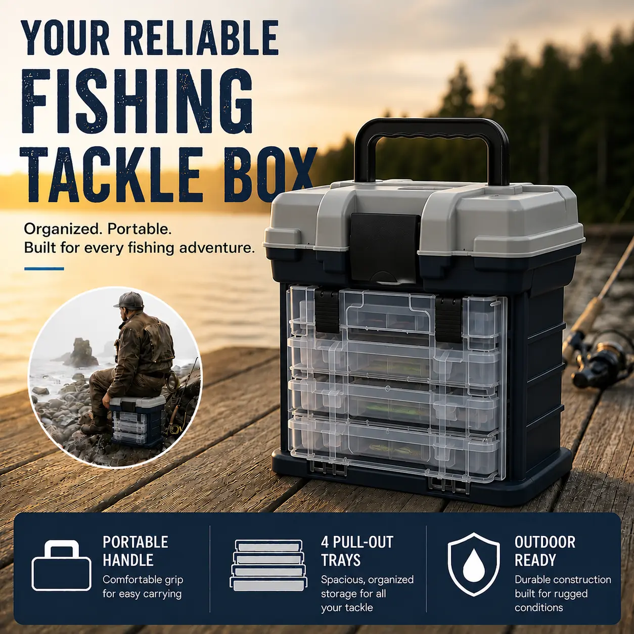 Gray 4-Layer Reinforced Tackle Box - Heavy-Duty Hard Top, Multiple Compartments Container with Handle, Tackle Box Compatible Portable Multi-Deck Fishing Gear Organizer (Home Supplies Storage Solution), Multiple Compartments Storage Boxes