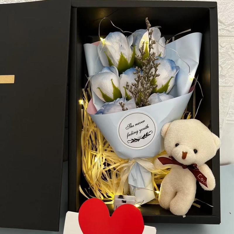 Elegant Rose Bouquet Set with 7 Glittering Roses Artificial Band & Adorable Bear Shiny Gift Box for Valentine's Day Anniversary Wedding Engagement