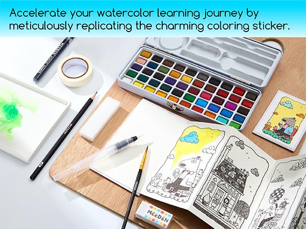MEEDEN Travel Watercolor Paint Set: 50 Colors Watercolor Paints for Beginner with Brushes & Concertina Coloring Book - portable Water Color Kit for Adult Painting On the Go MEEDEN Travel Watercolor Paint Set: 50 Colors Watercolor Paints for Beginner with Brushes & Concertina Coloring Book - portable Water Color Kit for Adult Painting On the Go