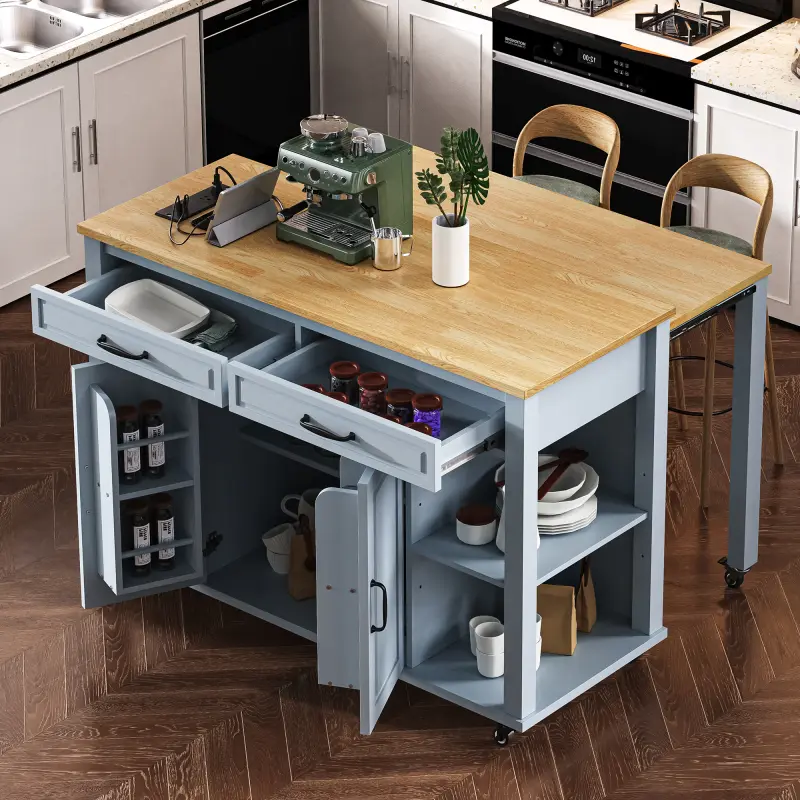 Bellemave 47-in Modern Grey Blue Kitchen Island with Counter, Extendable Dining Table, Rubber Wood Veneer, Storage Rack, Power Outlet, 2 Drawers, 2 Cabinets, Small Kitchen Organization Design, Kitchen Counter