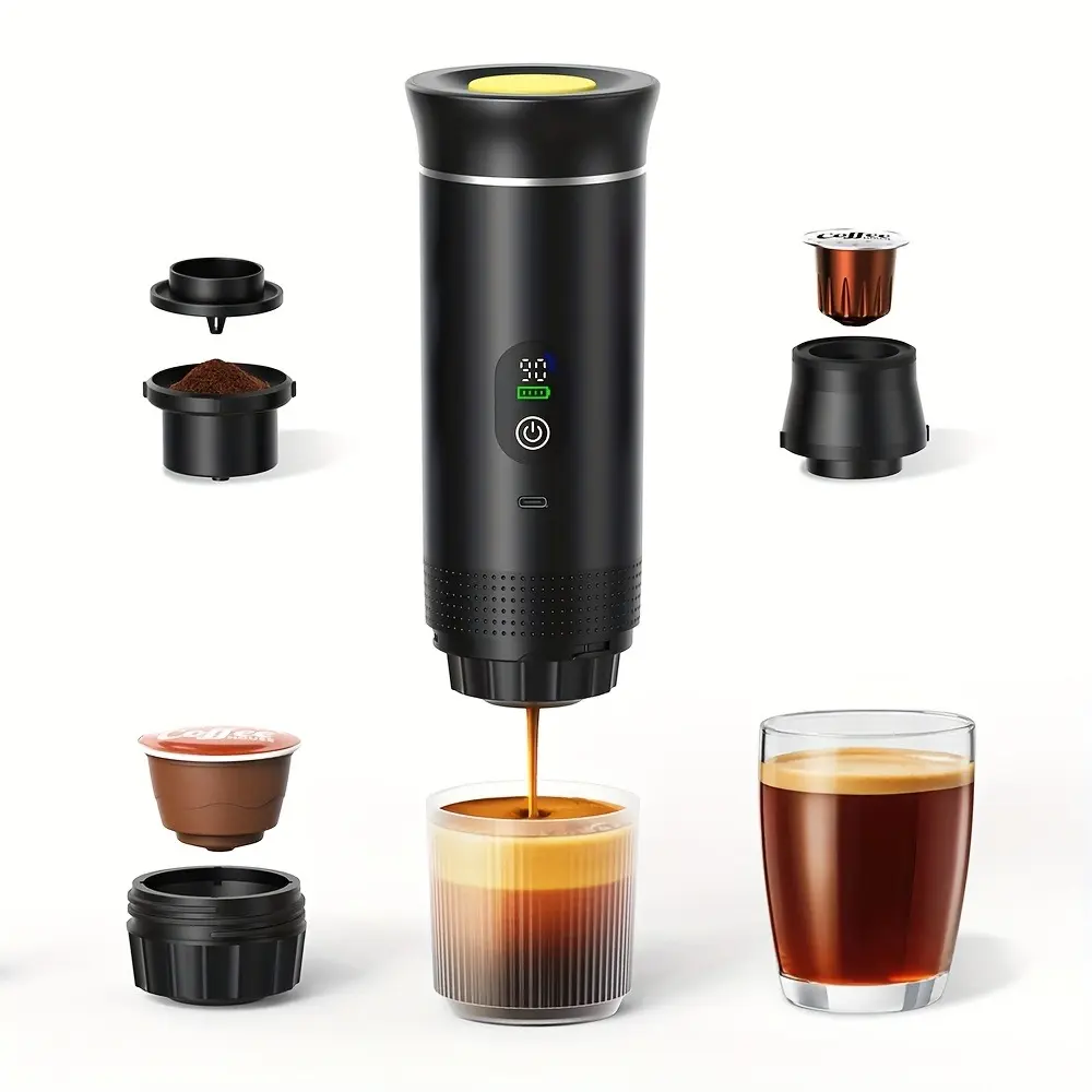 3-in-1 Self-Heating Portable Espresso Maker Coffee Making Tool - LED Display, USB-C Rechargeable, Multifunctional Mini Kitchenware Compatible with Nespresso, Dolce Gusto, Ground Beans, Pods for Car, Camping