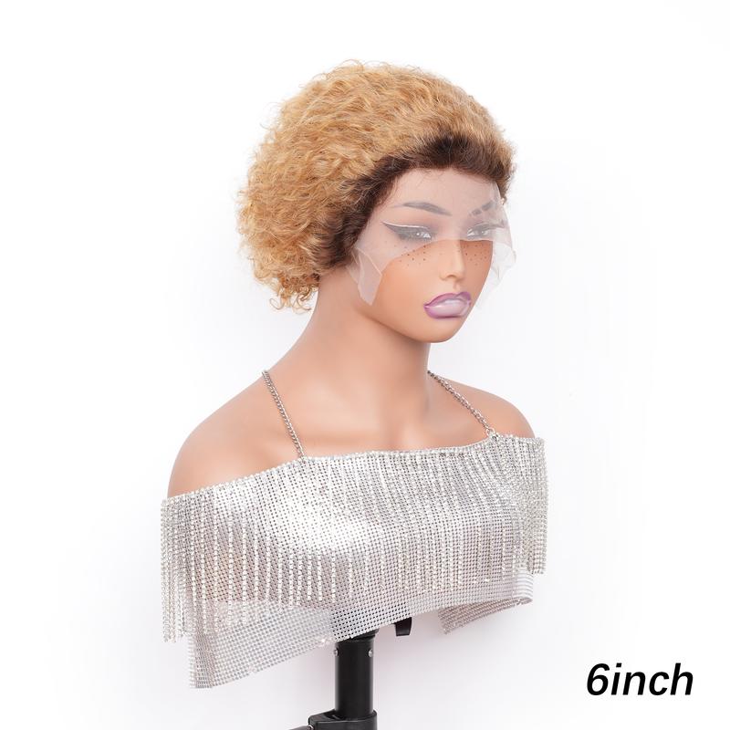 13X1 Curly Lace Front Wig 6 Inch Curly Lace Front Human Hair Wigs - Customized Ginger Blonde Wine red Colored Short Pixie Cut Water Wave Dark Rooted To Ginger Orange Color - 13x1 Transparent Lace Frontal Wigs For Women