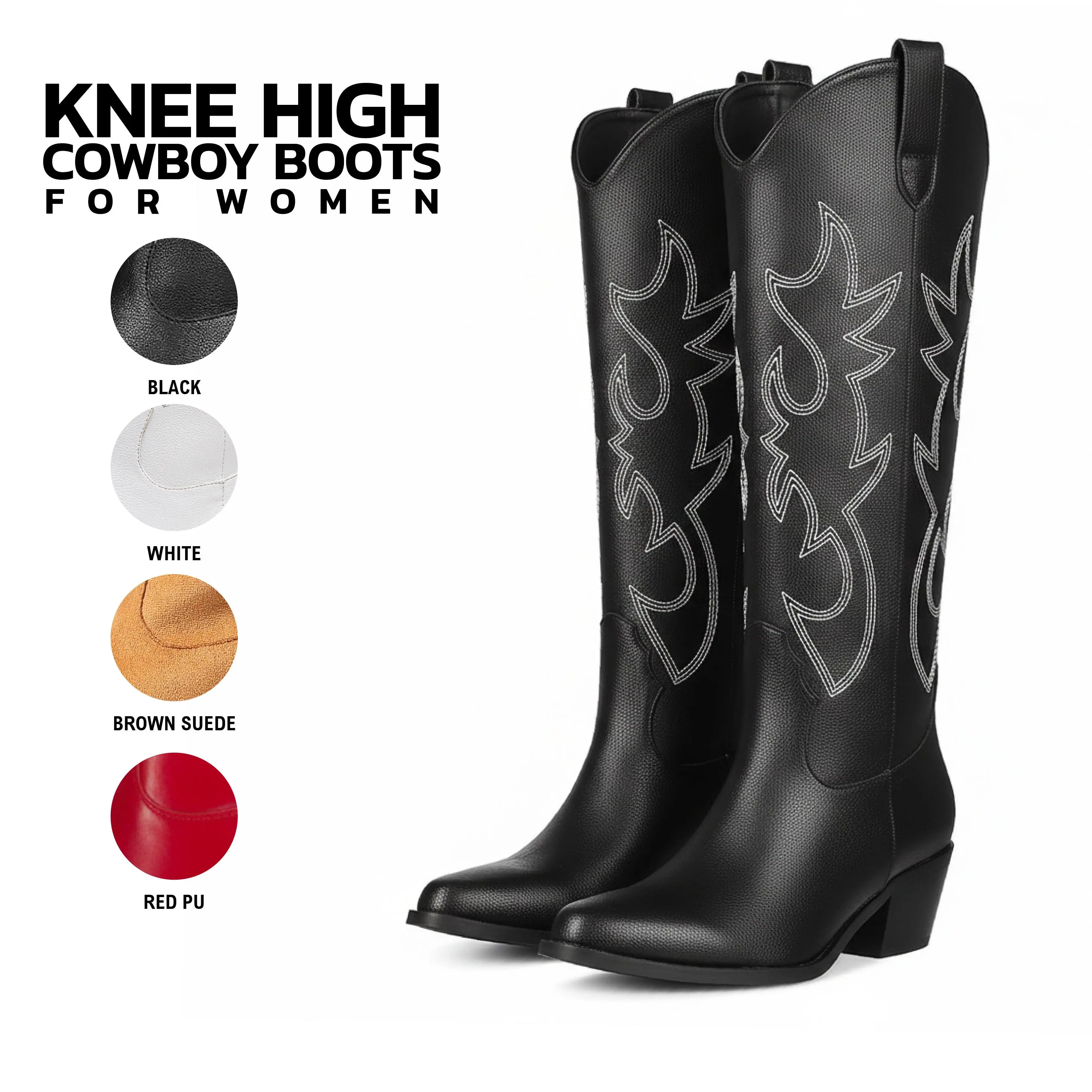 VIMISAOI Women Cowboy Boots Knee High Pointed Toe Block Heel Pull On Embroidered Western Vintage Ranch Retro Fashion Statement Comfy Casual Country Wedding Festival Concert Evening Dancing Photoshoot Dress Party Tiktok Viral Fall Modern Cowgirl Boots