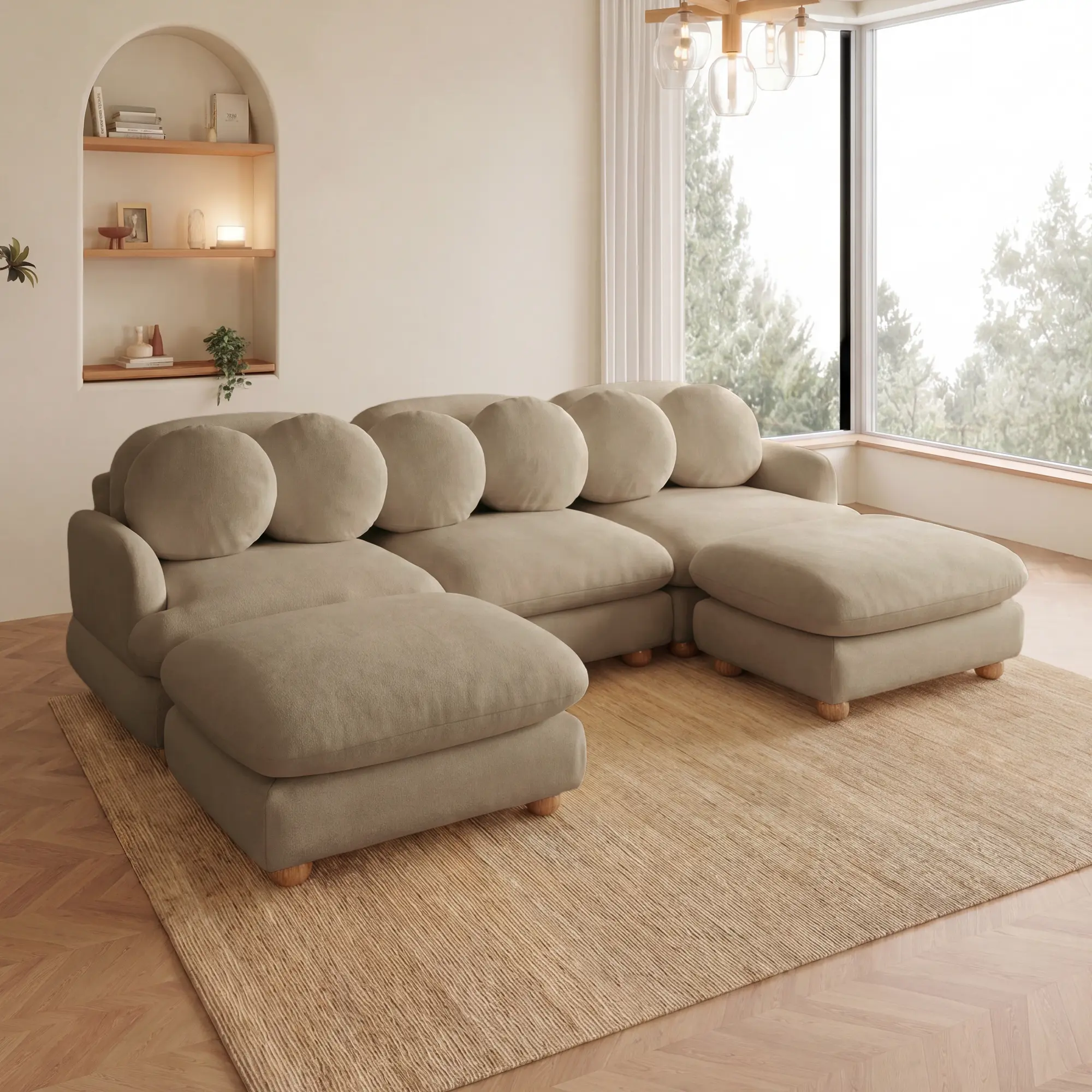 Modular Sectional Sofa 5-Seater Chenille Couch with 6 Throw Pillows, Movable Ottoman, Solid Wood Frame, Camel Color, for Living Room Bedroom Apartment