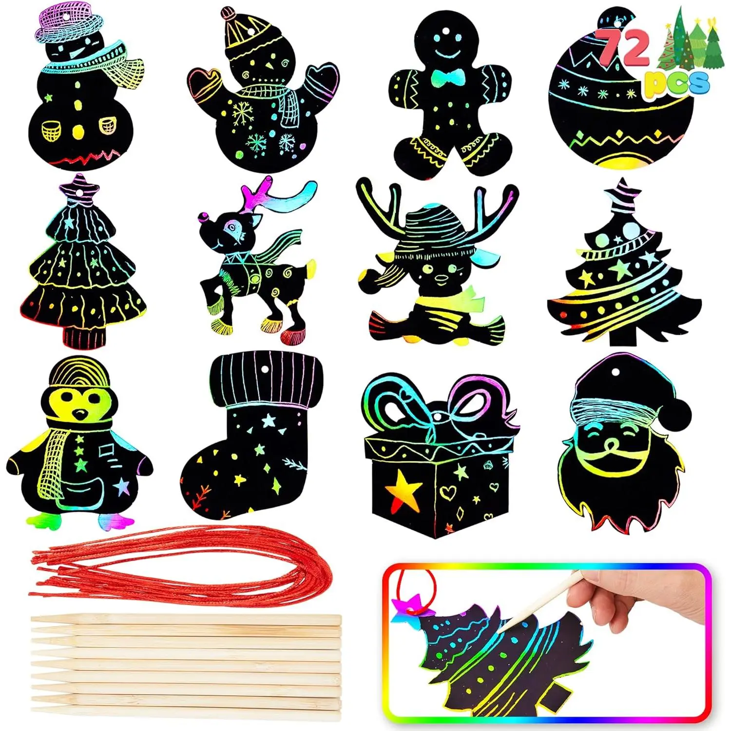 72 Pcs Christmas Scratch Art Ornaments, Rainbow Color Scratch Paper Craft Kit Include Snowman, Christmas Tree, and Reindeer, Scratch Off Hanging Ornament for Kids Party Favor