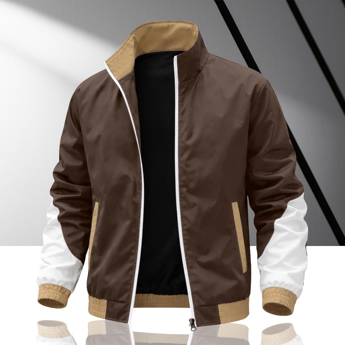 Men's colorblock patchwork jacket, windproof stand collar jacket design, durable fabric, suitable for sports and casual wear, skateboarding, street style, daily outings, campus life, commuter fit